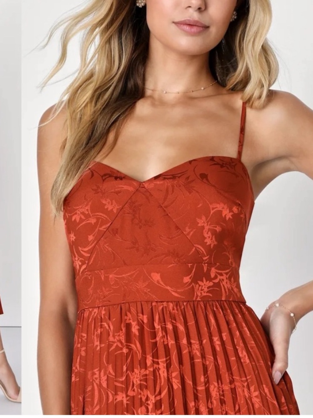 Lulu’s Regal Romance rust floral jacquard pleated satin midi dress. Size M. - Picture 2 of 7